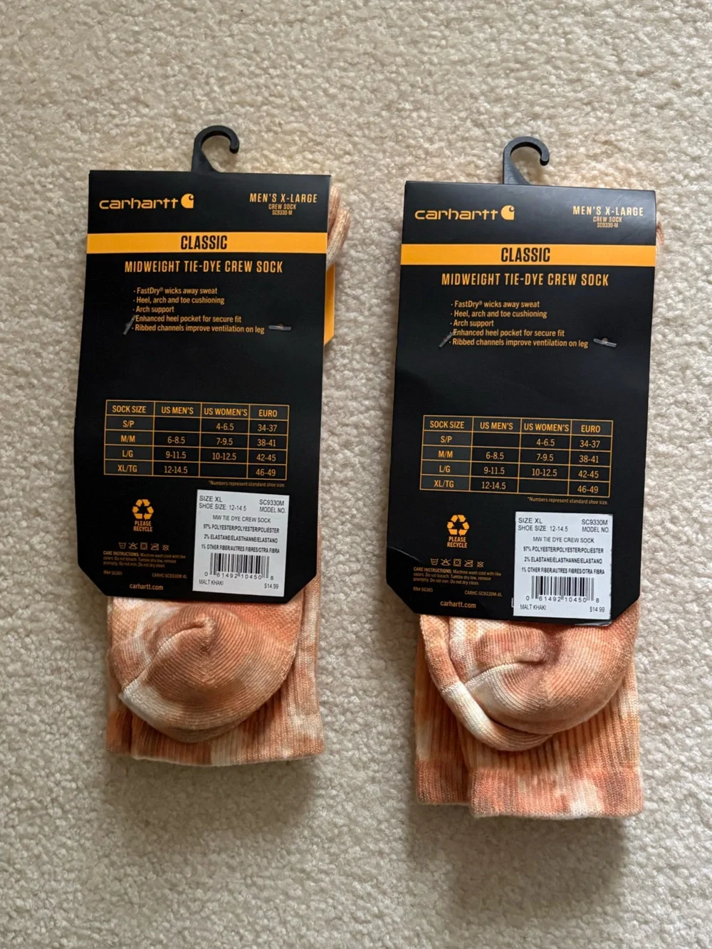 NWT 2 Pairs of Carhartt Men's Tie Dye Crew Socks. Size XL.